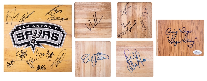 Lot of (6) Signed NBA Court Pieces with (2) Spurs Team Signed Pieces Including Greg Popovich, Tim Duncan, Manu Ginobili and Tony Parker (JSA Auction LOA)